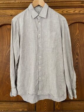 MUJI hemp shirt S brown & white tiny stripe button down collar men’s dress